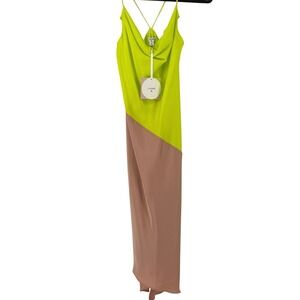 Slip Dress 90s Bias Cut Maxi Green‎ Colorblock Cowl Neck Sz 6 Silky Romantic y2k